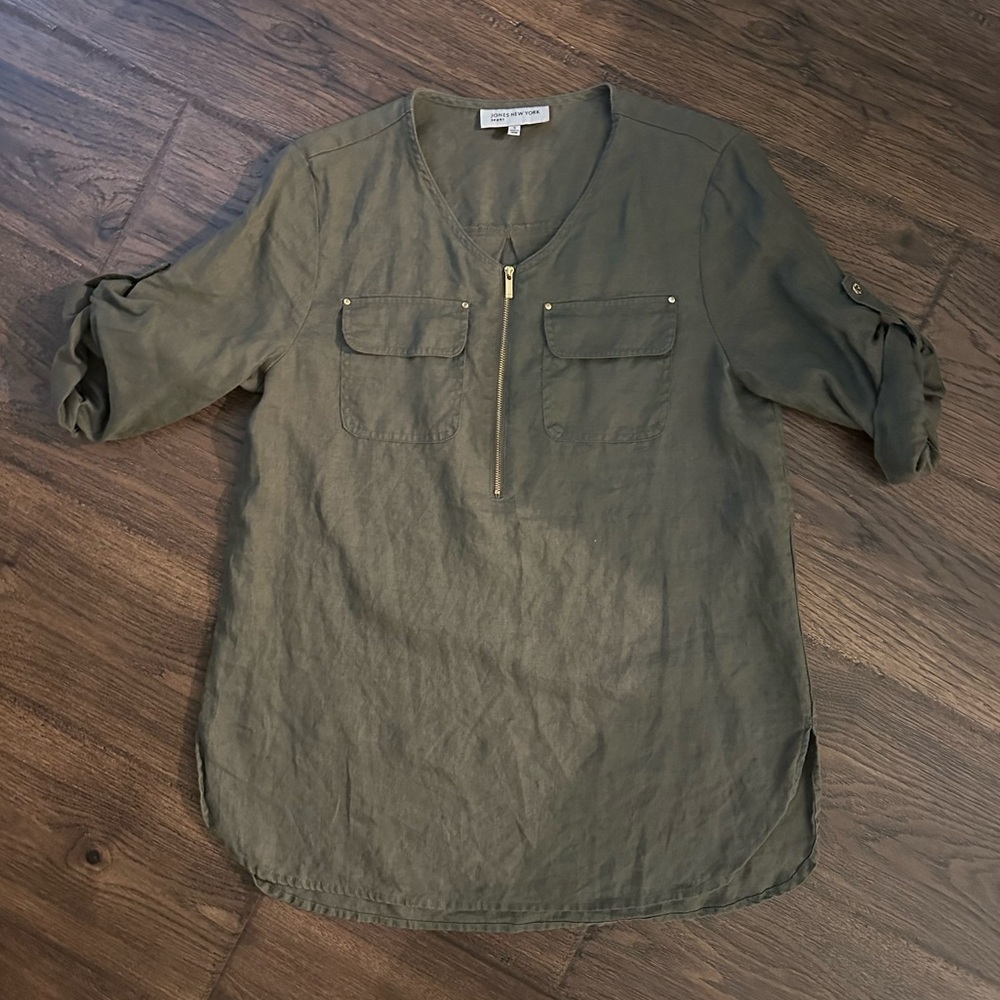 Jones New York Olive Zip-Front Linen Top - Size Small